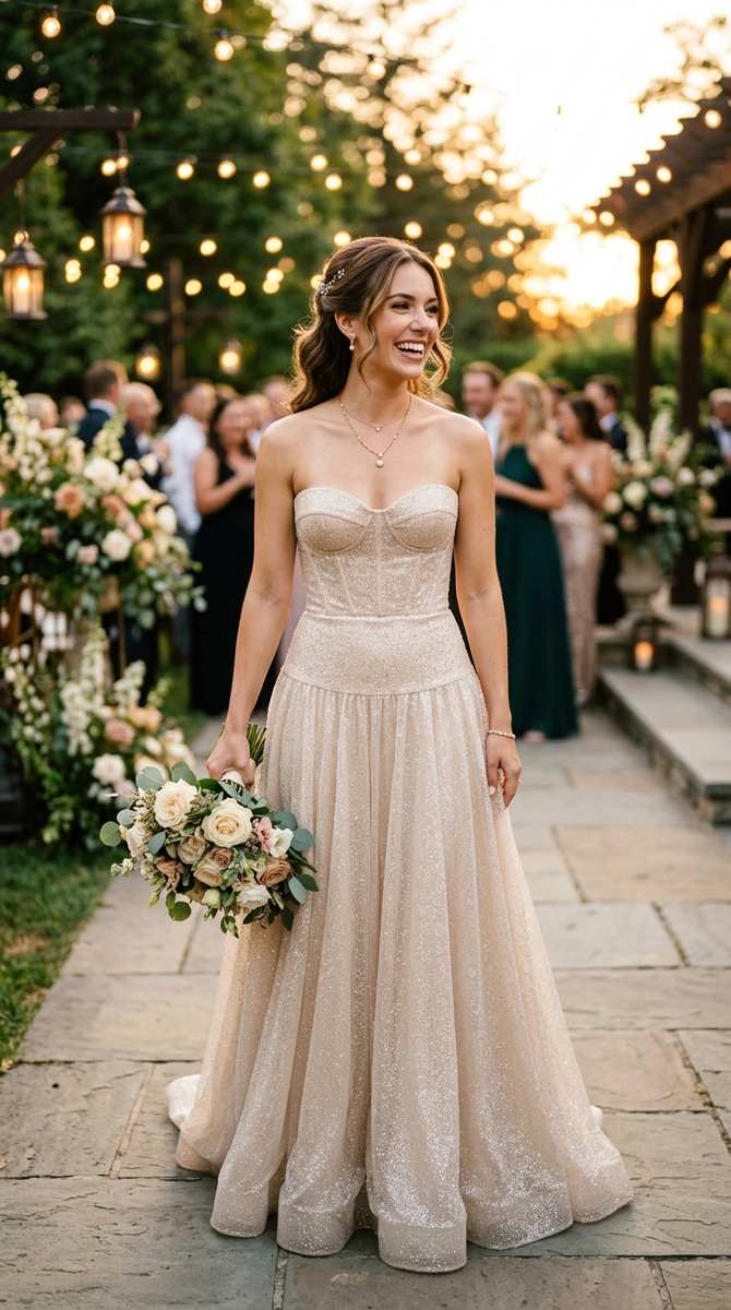 A strapless drop waist gown in shimmering champagne fabric glowing in warm evening light, elegant outdoor reception, radiant 