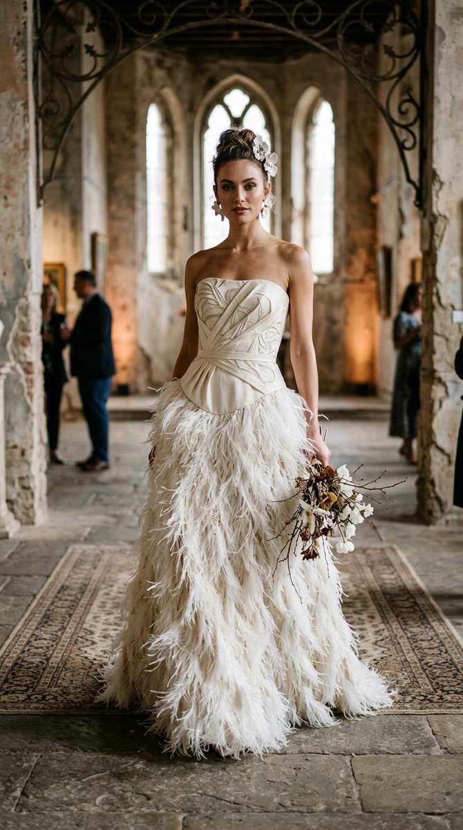 A strapless drop waist dress with feathered skirt texture, avant-garde bridal styling, artistic venue setting, bold fashion s