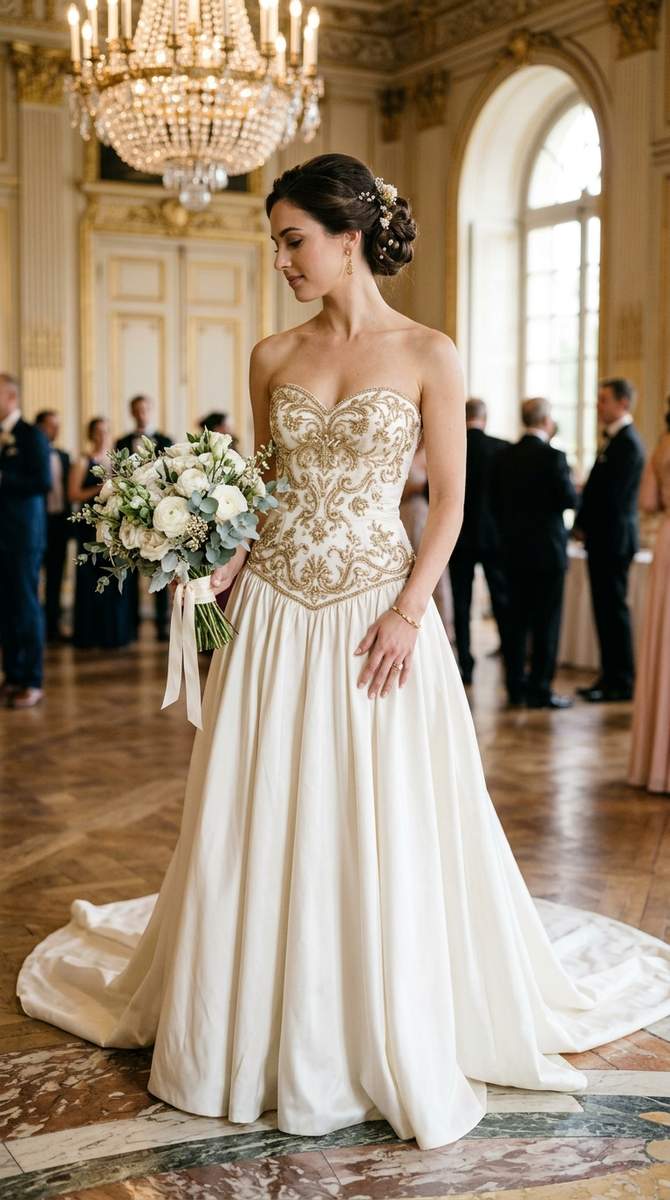 A strapless drop waist gown with metallic gold embroidery on ivory silk, luxurious detail in soft light, opulent bridal elega