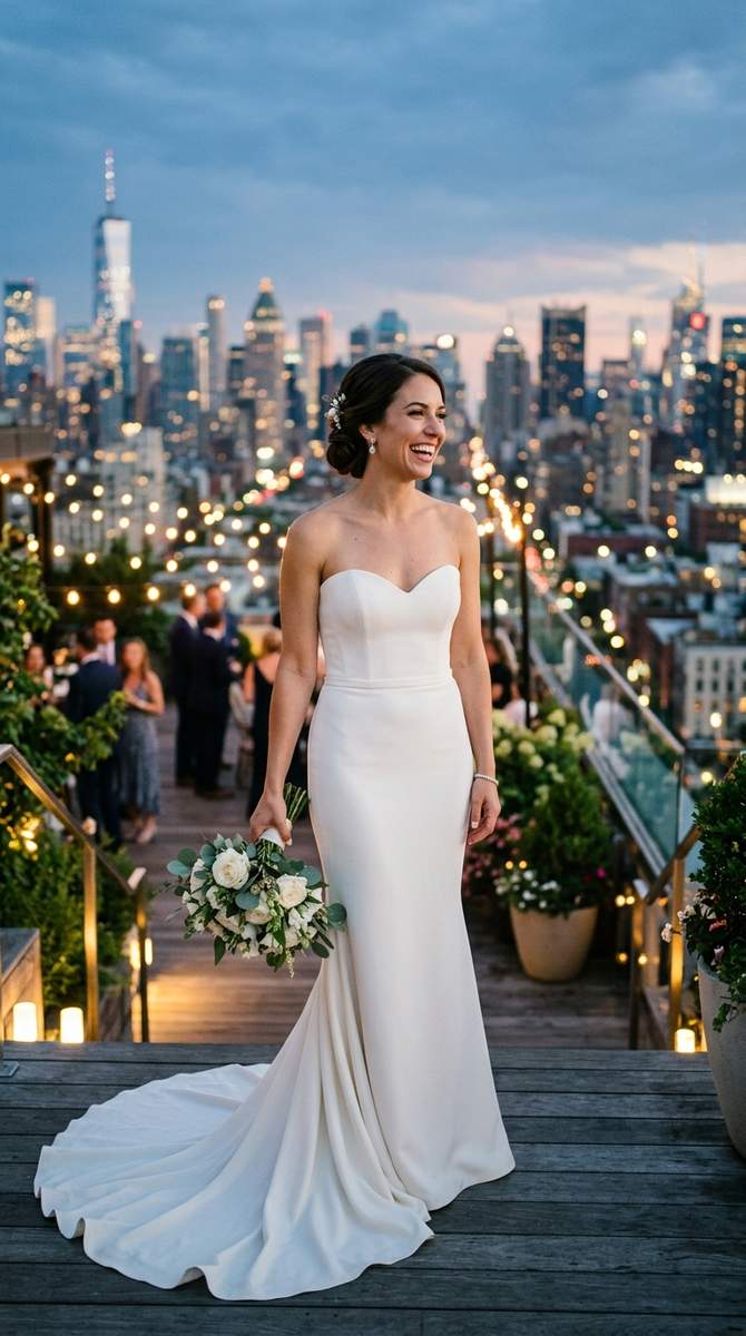 A strapless drop waist dress with sleek mermaid-style skirt hugging the figure, modern rooftop wedding at dusk, city lights t