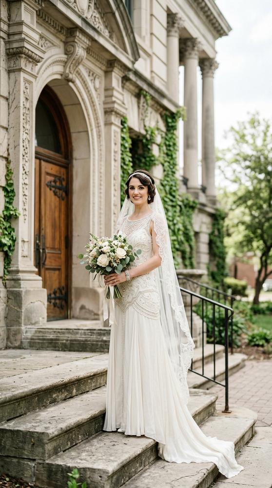 A bride in a 1920s-style ivory drop-waist wedding dress with beaded details outside a historic courthouse