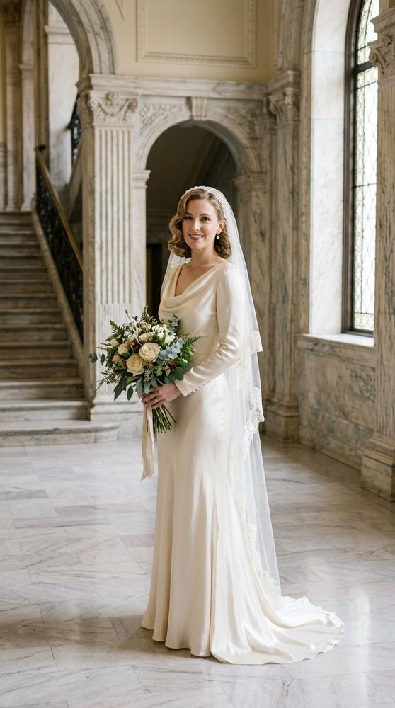 A bride in a 1930s-style bias-cut satin wedding gown with a cowl neckline in a marble courthouse