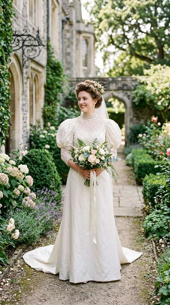 A bride in an Edwardian-inspired ivory wedding dress with leg-of-mutton sleeves in a historic courthouse garden