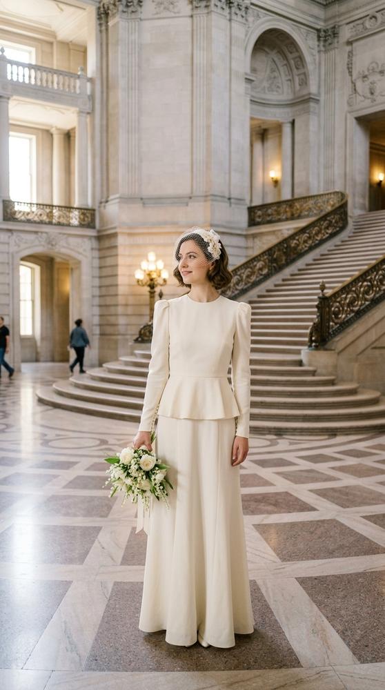 A bride in a 1940s-style ivory wedding dress with padded shoulders and a peplum waist in a grand courthouse lobby