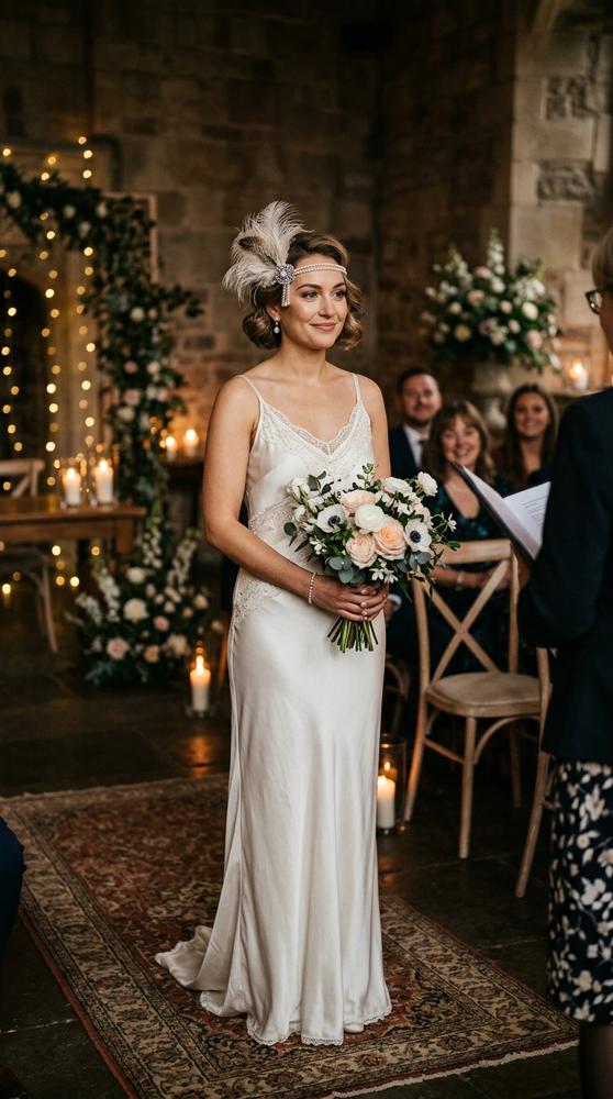 A bride in a 1920s-style ivory slip wedding dress with a feathered headpiece at an evening civil ceremony