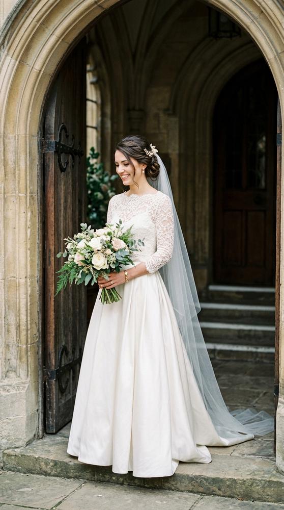 A bride in a vintage-inspired ivory two-piece wedding set with a lace top and satin skirt in a historic courthouse doorway