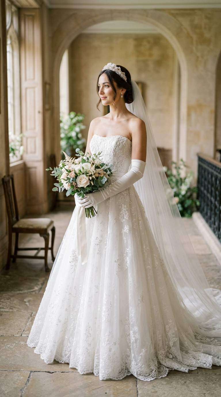 A bride in a strapless gown wearing long opera gloves, balanced elegant silhouette.