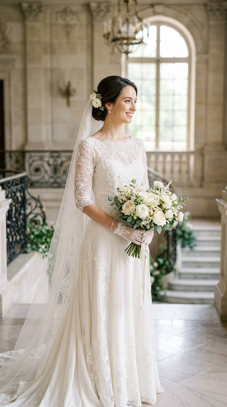 A bride with bracelet-sleeve gown wearing short elegant gloves, harmonious styling.