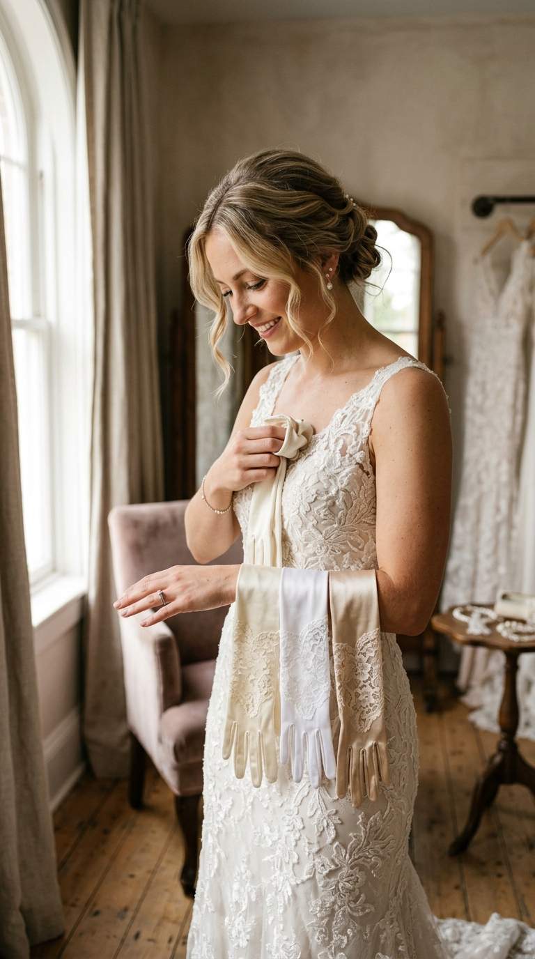 A bride comparing glove shades to her gown in natural window light, careful selection.