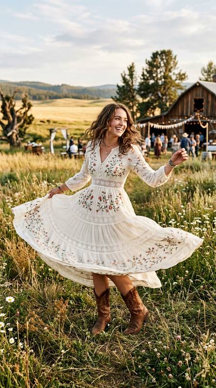 Guest wearing a flowing boho maxi dress with embroidered details and classic brown cowboy boots, twirling in a field at a