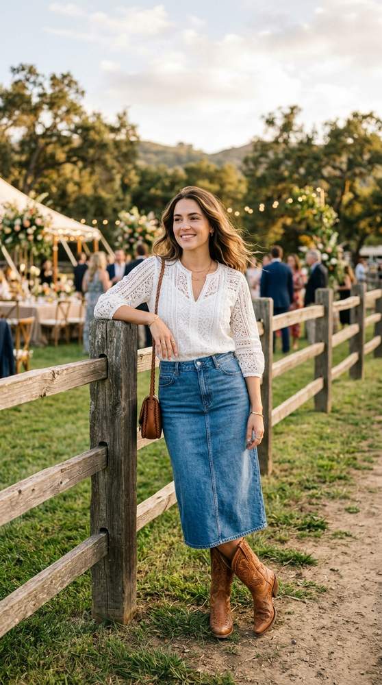 Guest in a denim midi skirt with a white lace blouse and tooled leather cowboy boots, leaning against a wooden fence at a