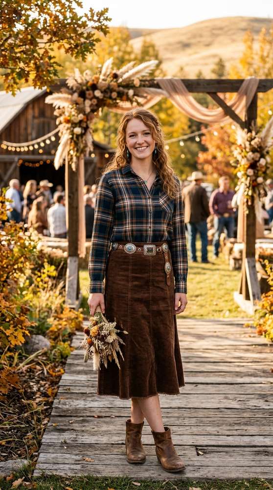 Guest wearing a plaid shirt with a corduroy midi skirt and a concho belt, standing in golden light at a western fall wedding