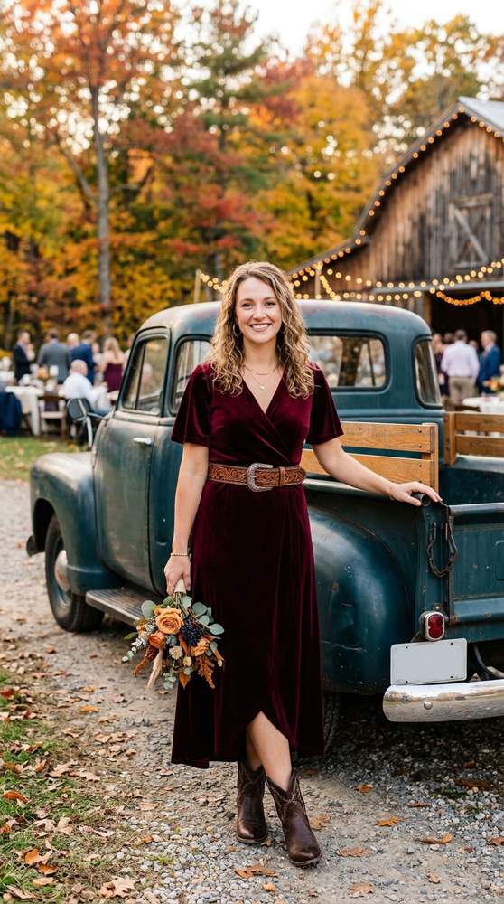 Guest wearing a burgundy wrap dress with a wide tooled western belt and ankle cowboy boots, posing by a vintage truck at a