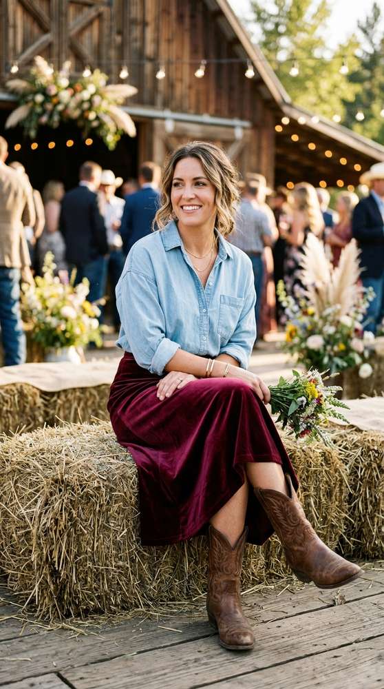 Guest wearing a chambray shirt with a burgundy velvet midi skirt and cowboy boots, sitting on a hay bale at a western wedding