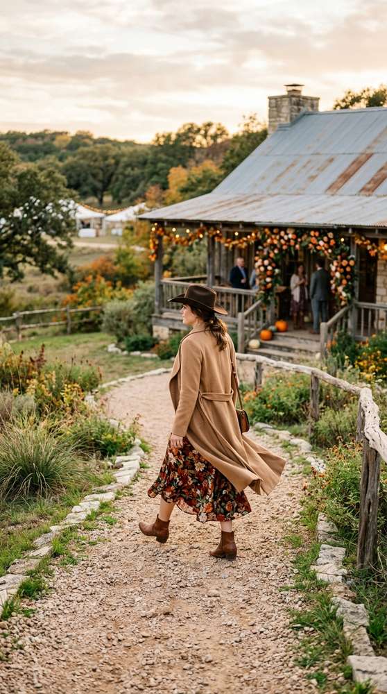 Guest in a long camel coat with a felt cowboy hat and a floral dress, walking toward a ranch house at a western fall wedding