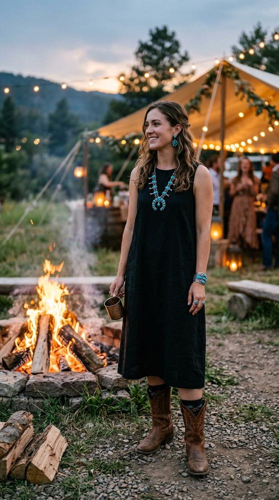 Guest wearing a simple black midi dress with bold turquoise jewelry and cowboy boots, standing by a campfire at an evening