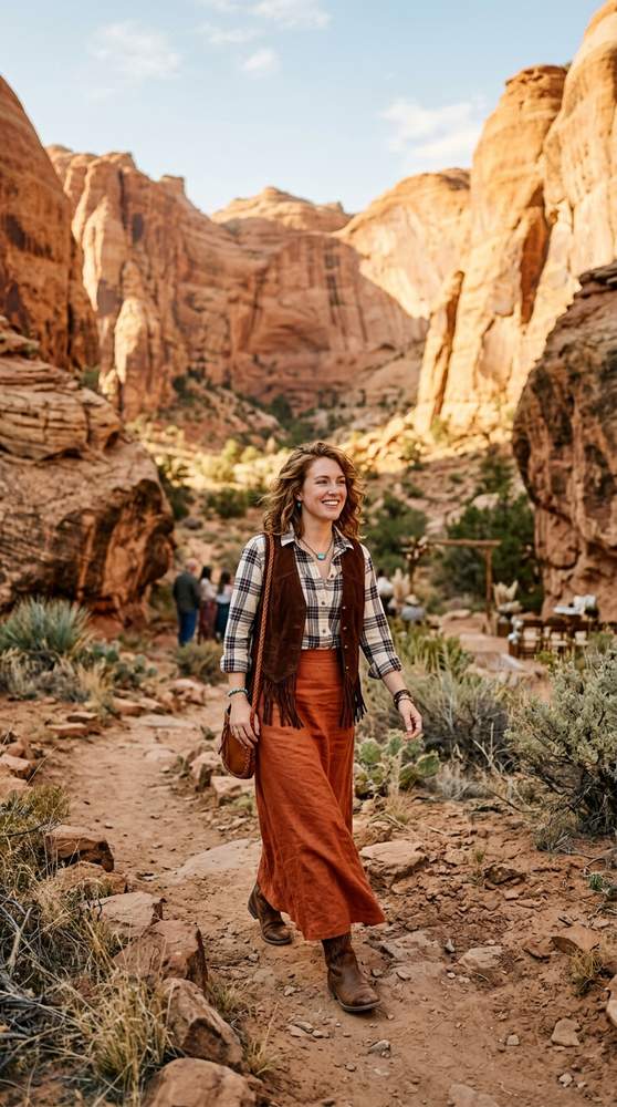 Guest in a rust maxi skirt with a cream flannel shirt layered under a suede vest, walking through a canyon landscape at a