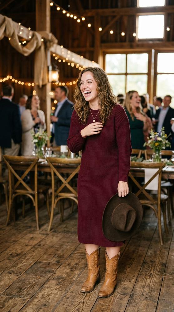 Guest wearing a burgundy sweater dress with classic tan cowboy boots and a felt hat in hand, laughing at a western barn