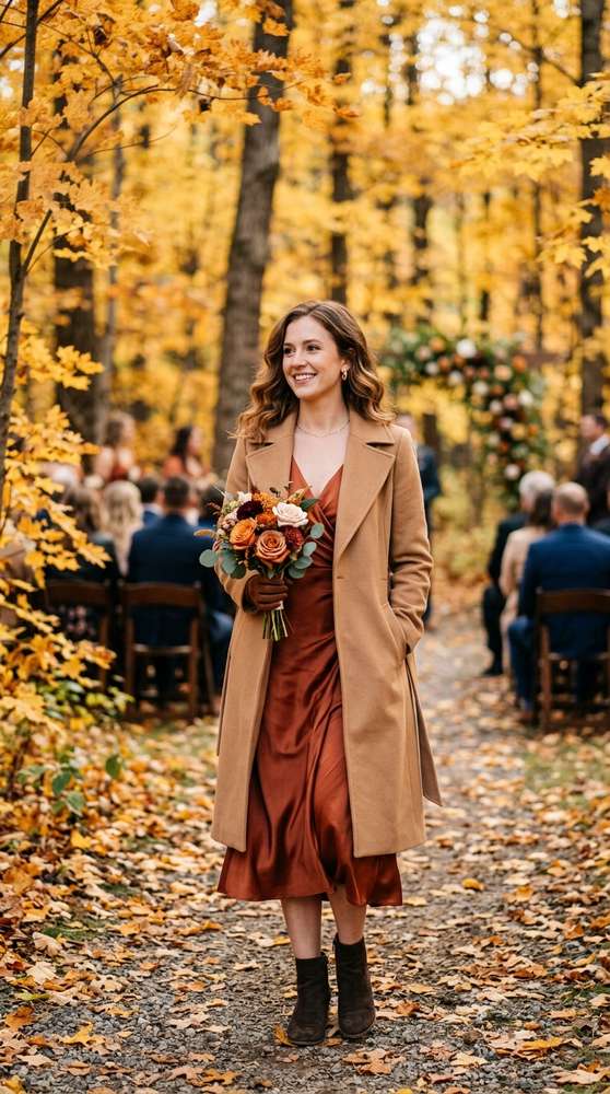 Guest in a rust-colored satin midi dress with a tailored camel coat, standing among golden maple trees at an outdoor fall