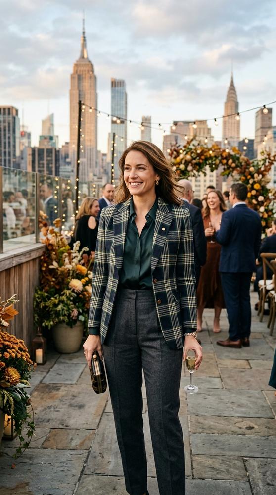 Guest in a plaid blazer with a silk blouse and tailored trousers, standing on a city rooftop at a fall wedding