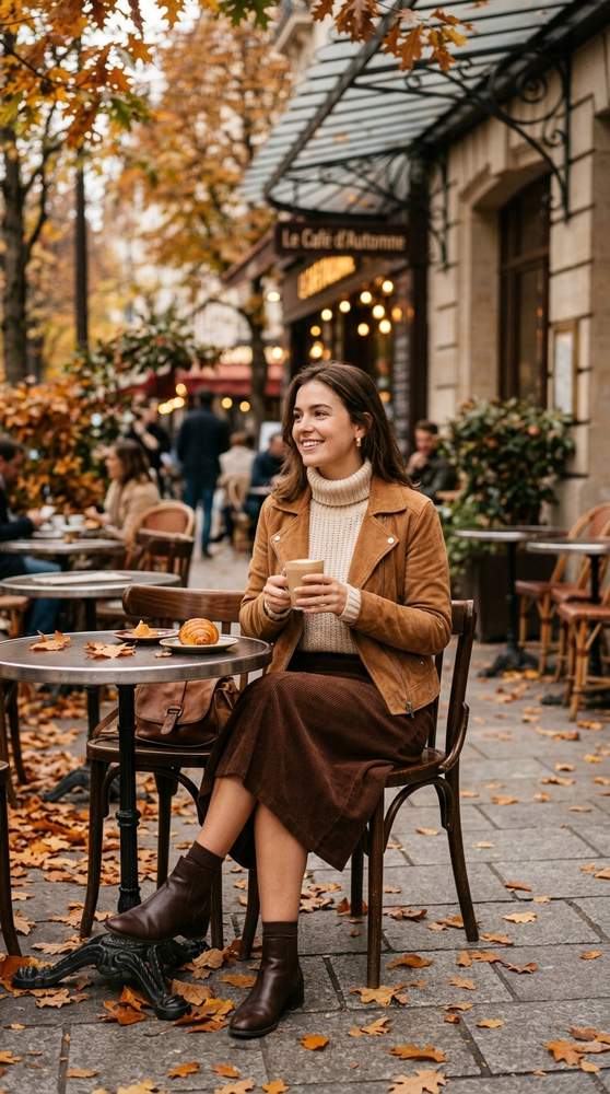 Guest wearing a chocolate brown midi skirt with a cream knit top and a suede jacket, sitting at an outdoor café table with